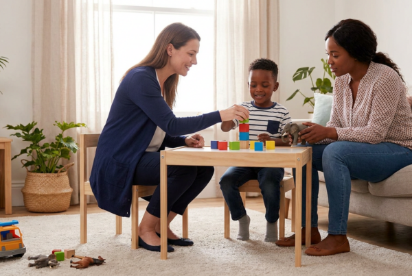 A young child around 4 to 5 years old sits at a small table in a bright home living room, stacking colorful blocks with support from a smiling female therapist and a parent seated nearby with toys in hand.