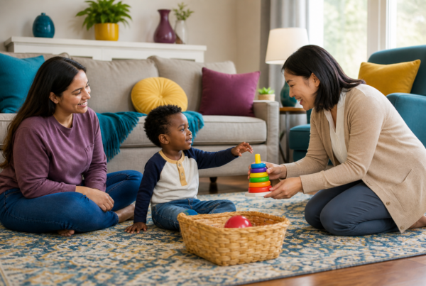 A 4-year-old Black boy sits on a colorful rug in a bright living room, reaching toward a stacking toy offered by a female therapist while a Latina mother smiles and participates nearby.