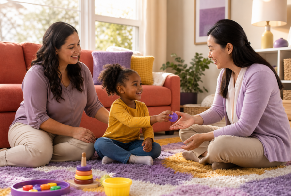 A Black preschool-aged child sits on a colorful rug in a bright living room, engaged in a play-based turn-taking activity with a female ABA therapist while a caregiver smiles nearby.